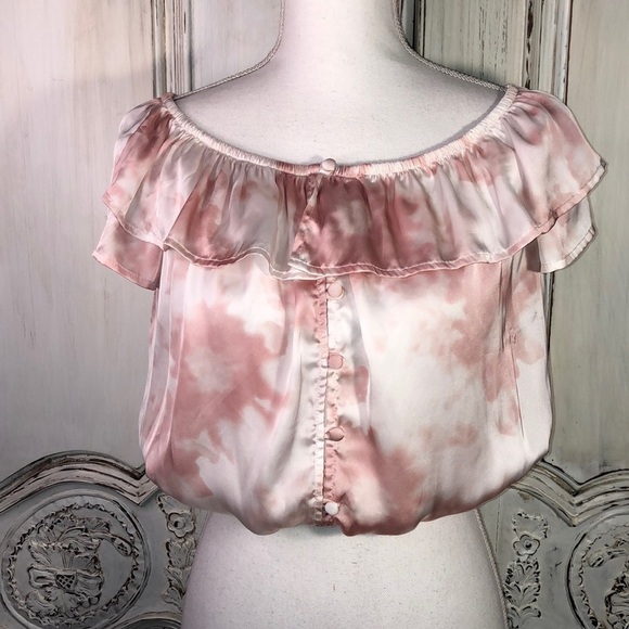 Lulus Silky Feel Tie Dyed Pattern Ruffle Neck Button Down Short Sleeve Top S/S - Picture 1 of 9